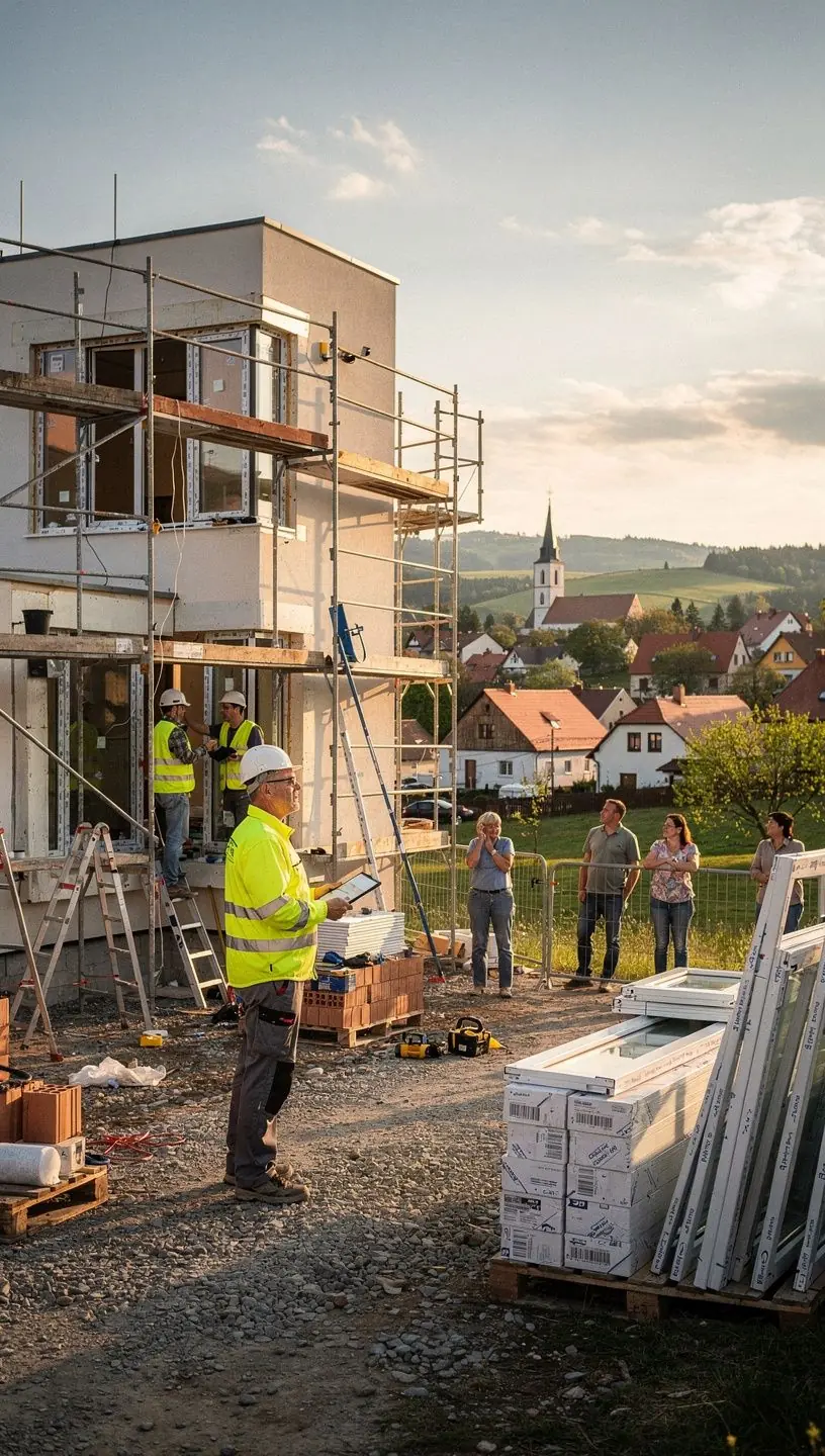 Nová obytná čtvrť s moderními domy a zelenými plochami.