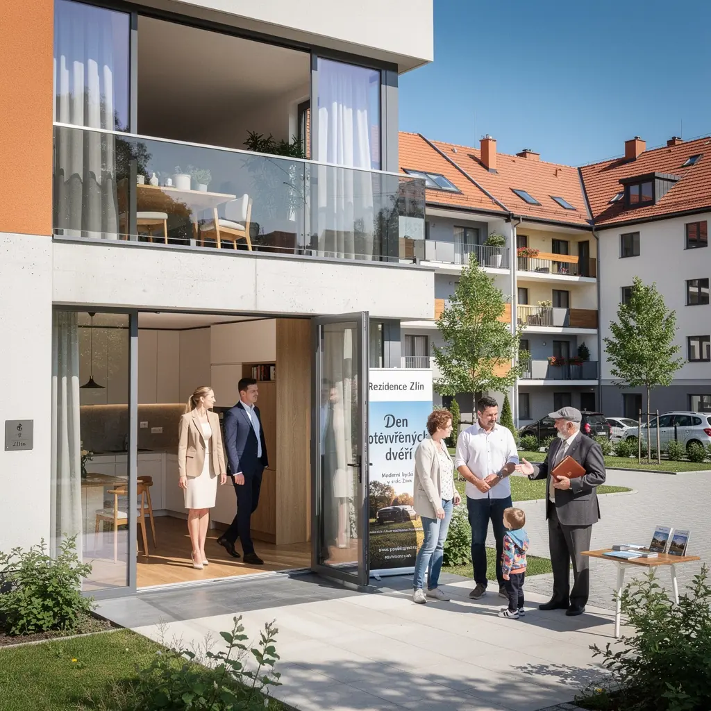 Záběr na stavební práce na novém bytovém komplexu v Praze.